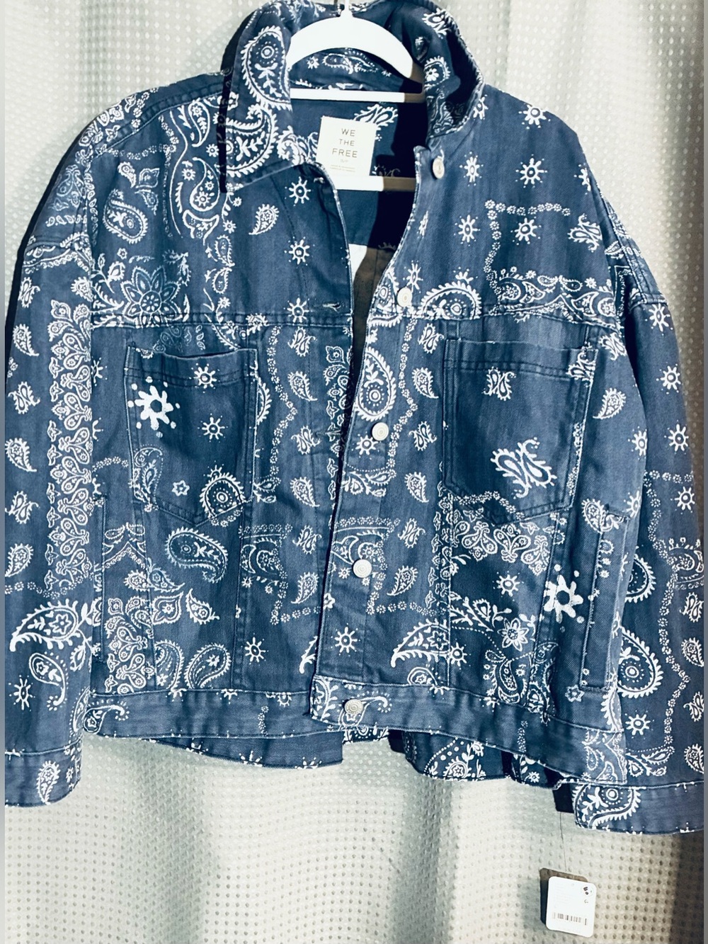 We The Free Bandana Print Denim Utility Jacket SP Boxy Crop Oversized Flared Bac